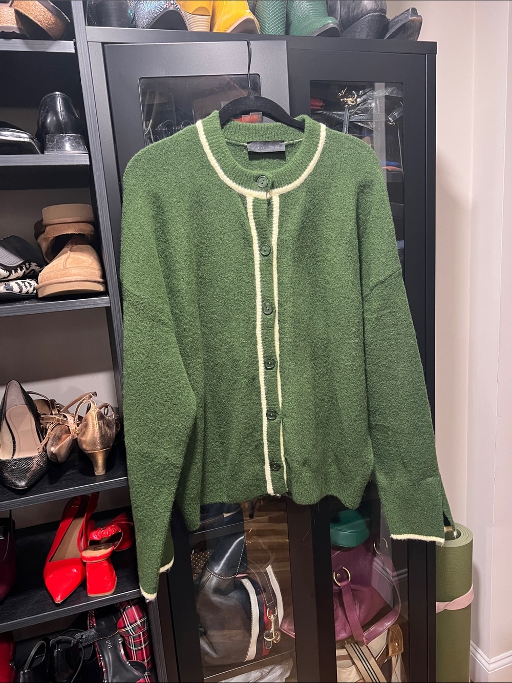 Zara Green Button-Front Cardigan with Cream Trim